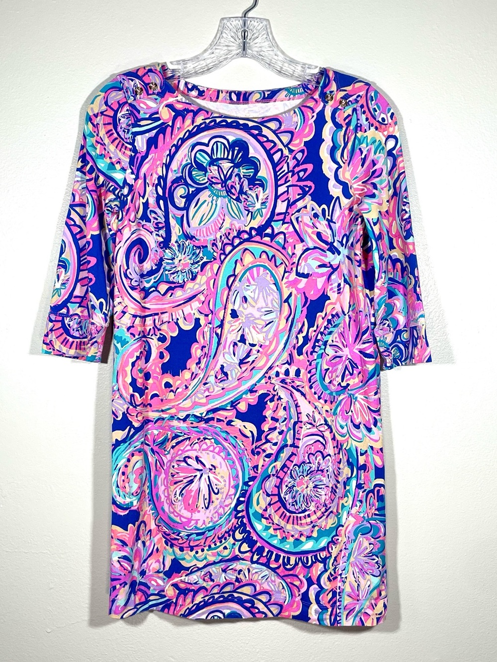 Lilly Pulitzer Girls XL 12-14 Pink Blue Paisley Knit Shift Dress 3/4 Sleeve